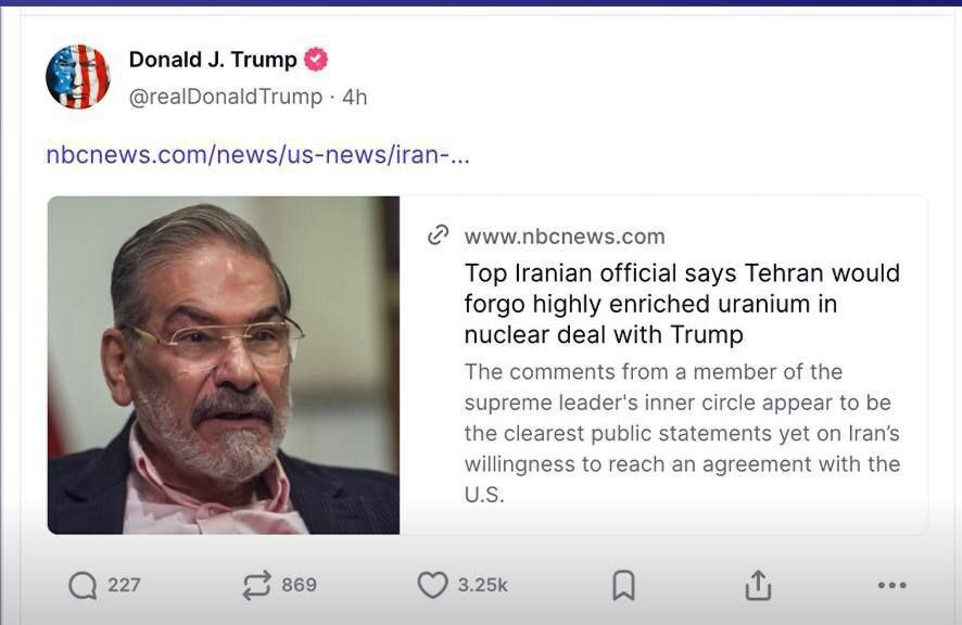 ترامپ مصاحبه شمخانى را بازنشر کرد