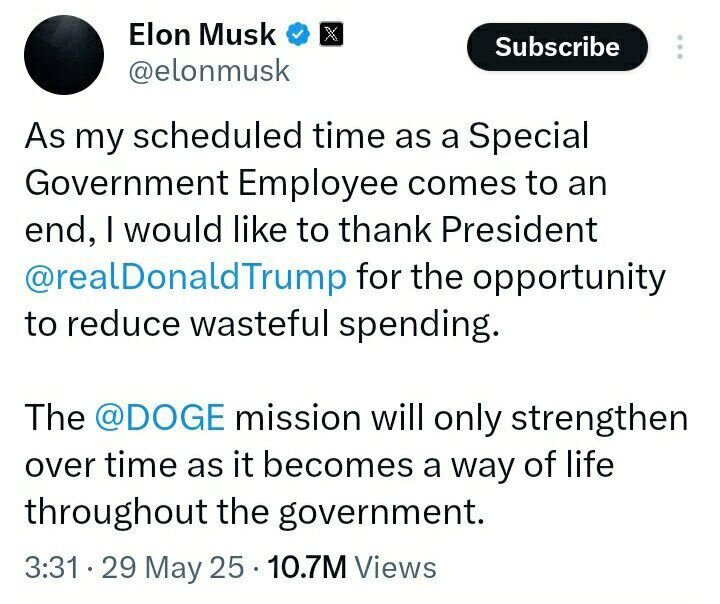 ایلان ماسک رسما از دولت ترامپ خارج شد ایلان ماسک رسما از دولت ترامپ خارج شد