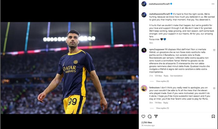 اولین واکنش طارمی به شکست در فینال لیگ قهرمانان؛ با قدرت باز می‌گردیم!