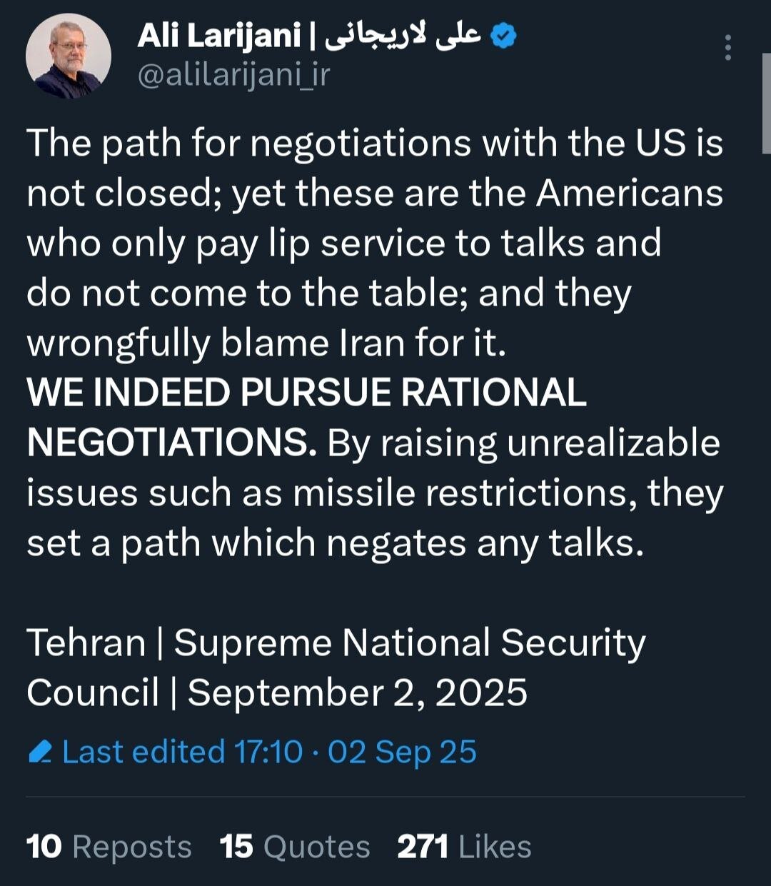 فوری| توییت تازه لاریجانی درباره مذاکره با آمریکا