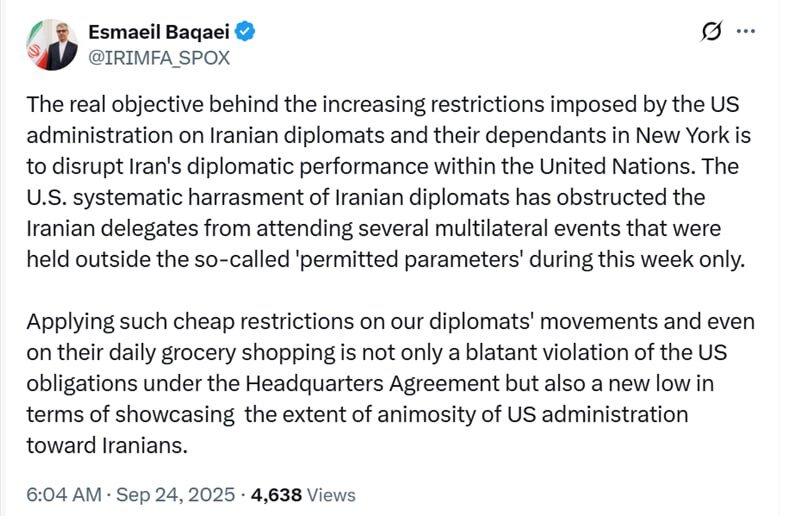 واکنش بقائی به اعمال محدودیت‌ها علیه دیپلمات‌های ایرانی در نیویورک