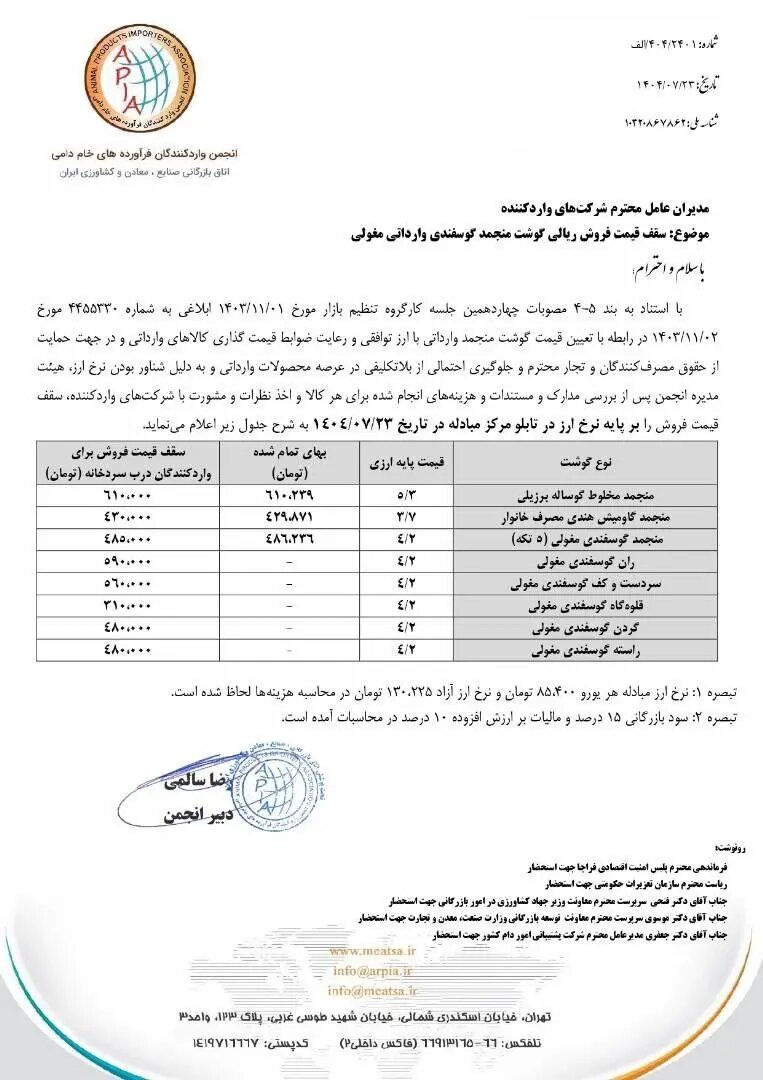 قیمت گوشت وارداتی در فروشگاه‌های زنجیره‌ای اعلام شد
