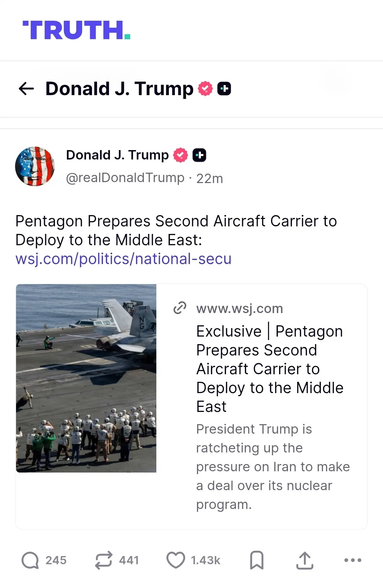 ترامپ اعزام دومین ناو هواپیمابر به غرب آسیا را تایید کرد